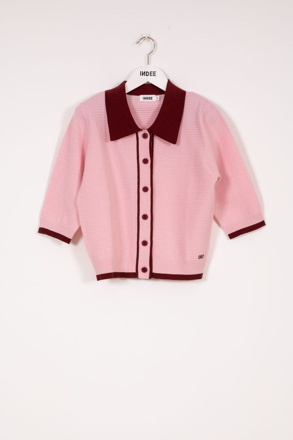 Indee - View Polo Collar Cardigan Short Sleeve Shirt, Pink
