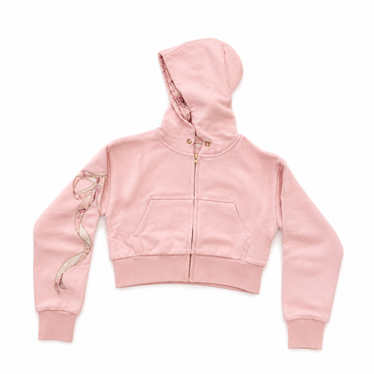 Katie J - Tween Dylan Bow Cropped Zip Up & Pants, Pale Pink/Rose Flower