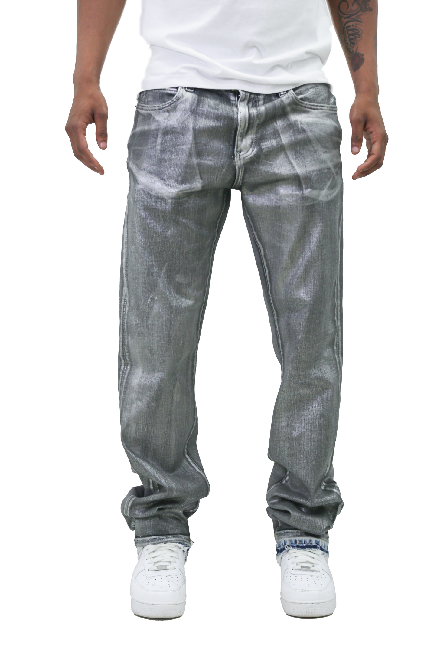 METALLIC PRINTED STACKED JEANS