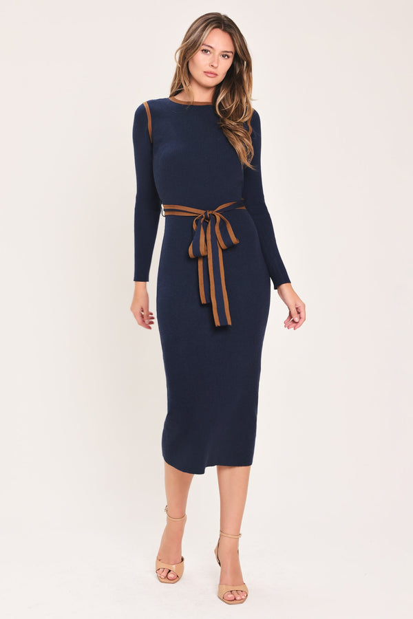 COZY BY DESIGN BELTED SWEATER MIDI DRESS