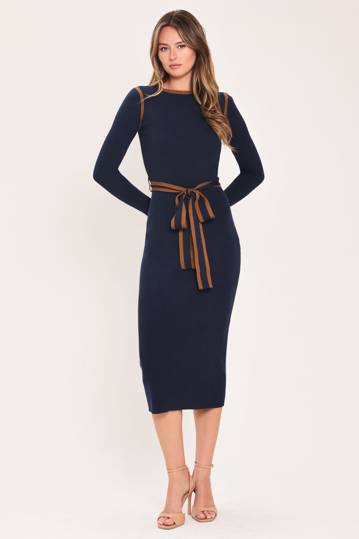 COZY BY DESIGN BELTED SWEATER MIDI DRESS