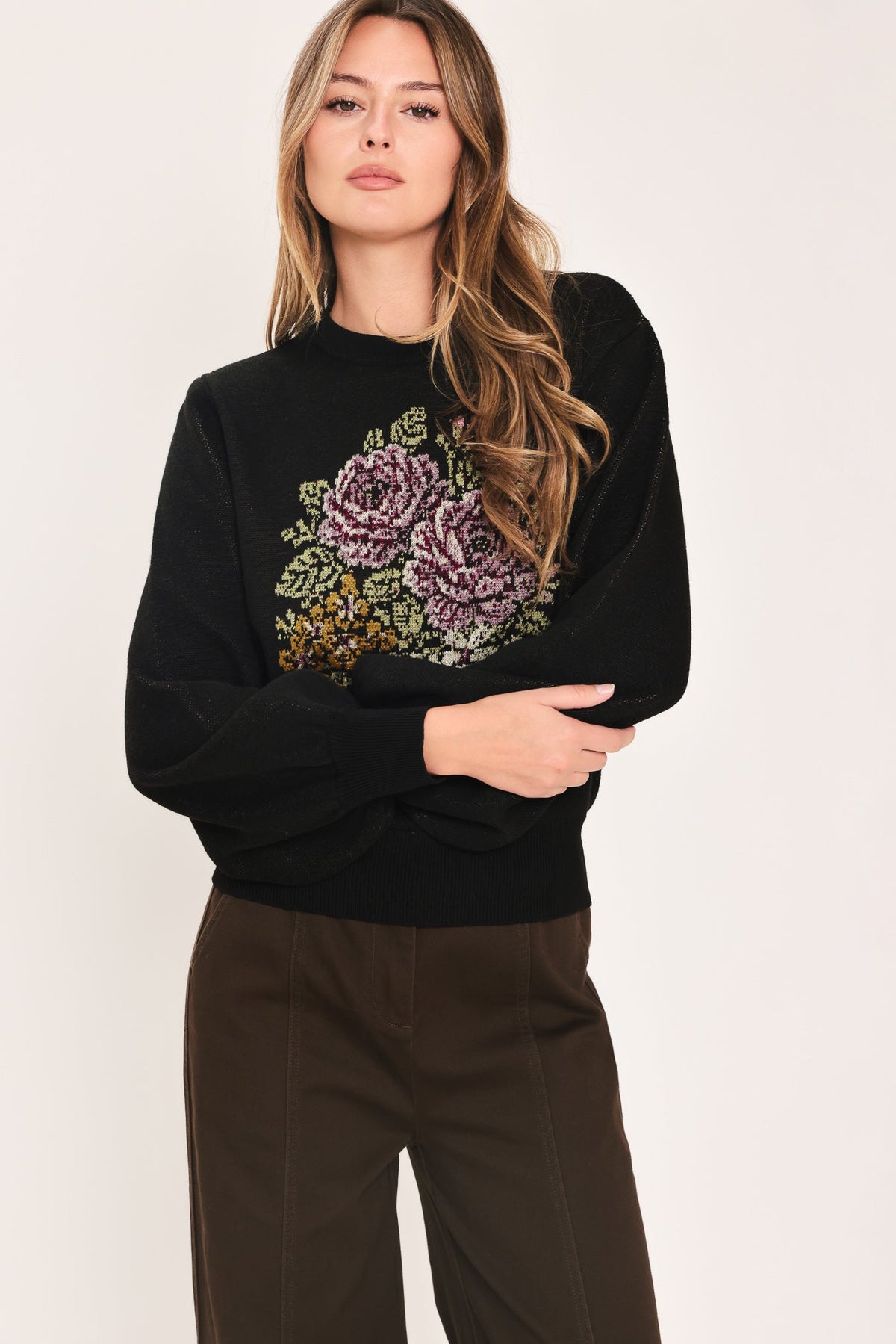 COZY ALL DAY BLACK BALLOON-SLEEVE SWEATER
