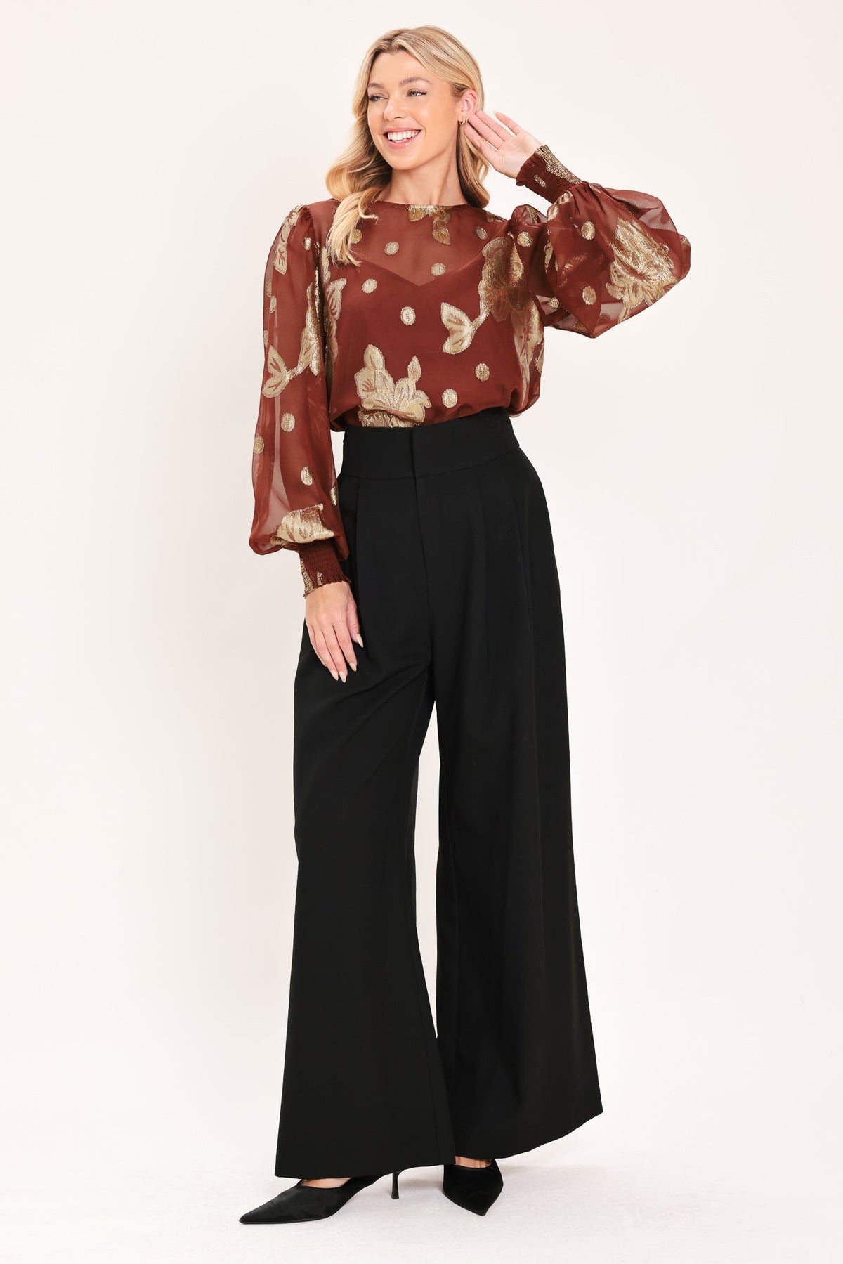 MAHOGANY PETAL SPARK WOVEN TOP