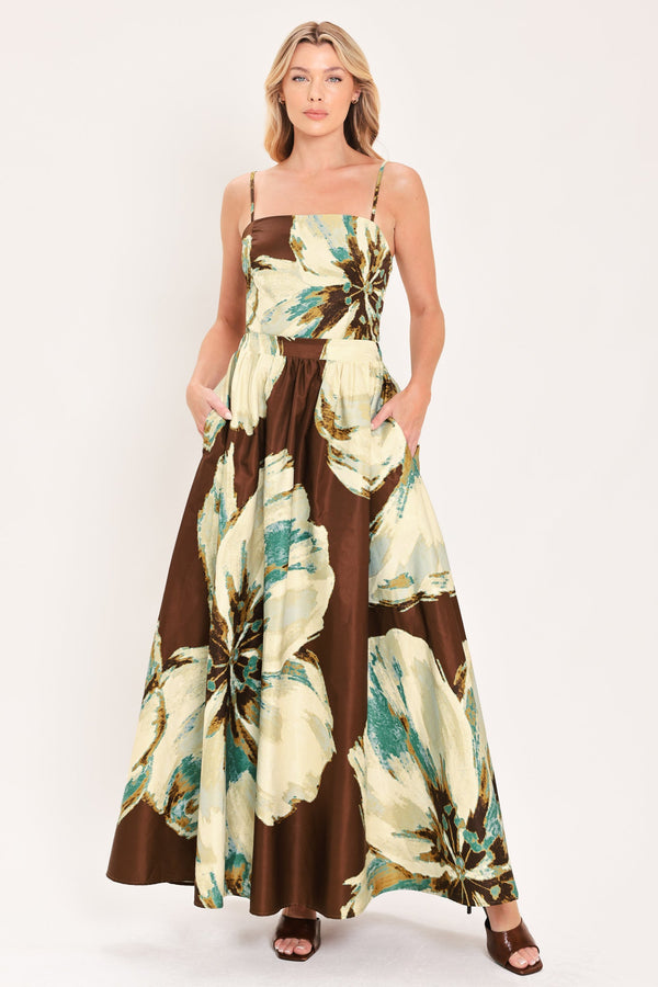 CREAM BOTANIC SWEEP WOVEN CROP TOP AND FULL SKIRT SET