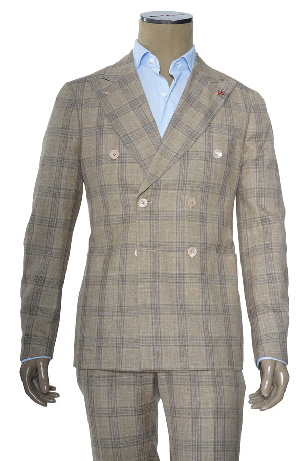 Isaia Double Breasted Double Windowpane Wool-Silk-Linen Suit