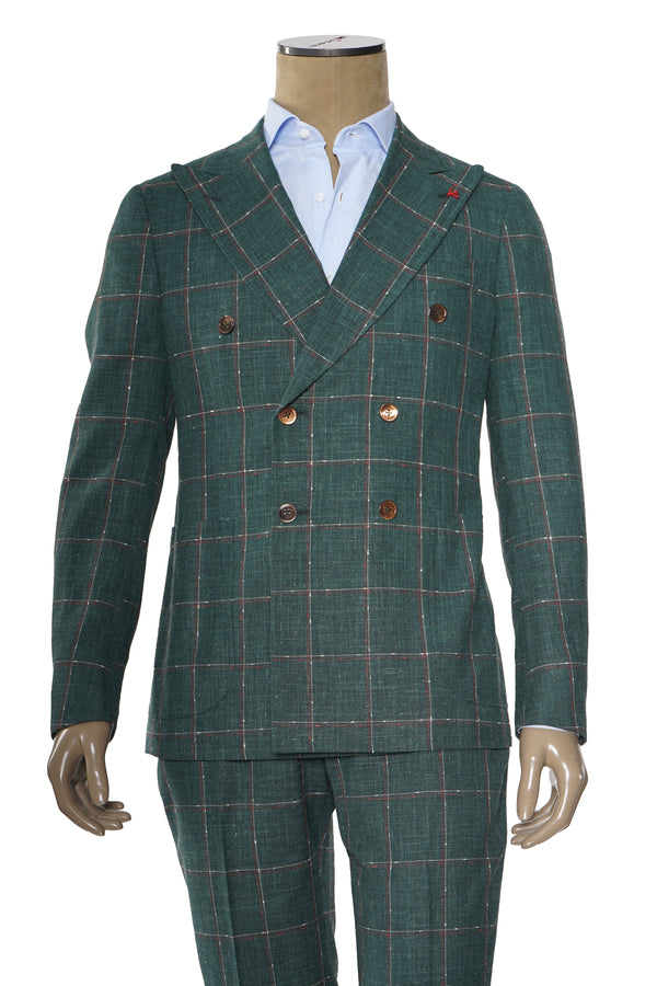 Isaia Double Breasted Double Windowpane Wool-Silk-Linen Suit