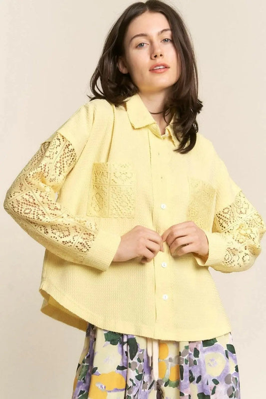 Trendsi Lace Waffle Shirt Women's Casual Button Down Long Sleeve Top - Soft