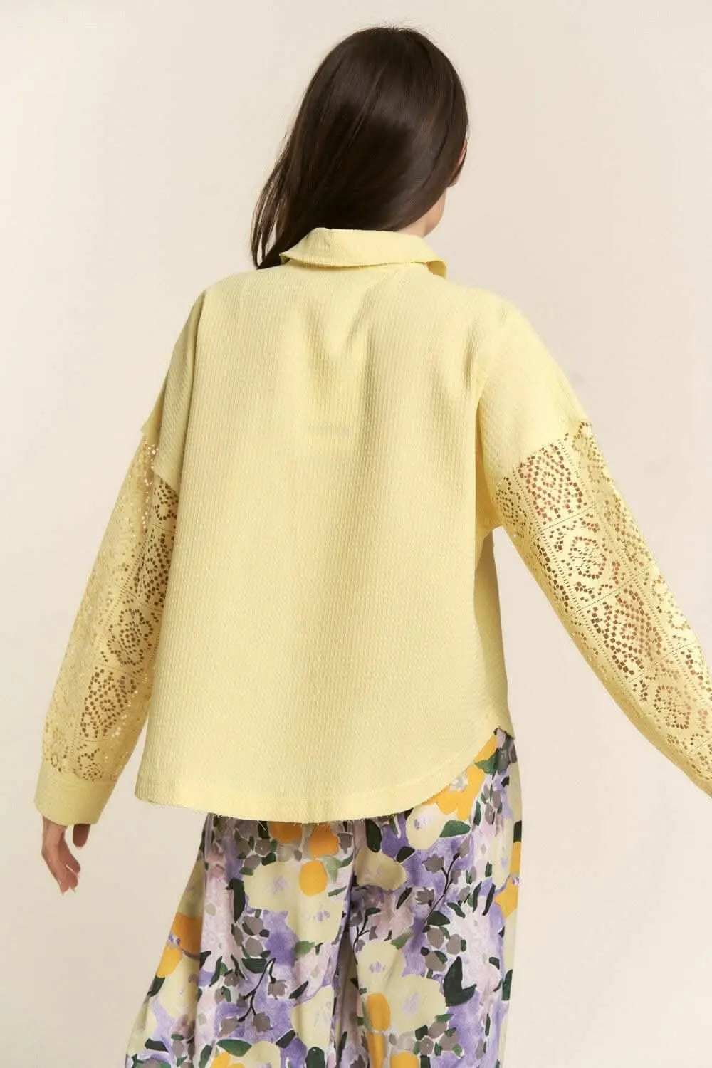 Trendsi Lace Waffle Shirt Women's Casual Button Down Long Sleeve Top - Soft