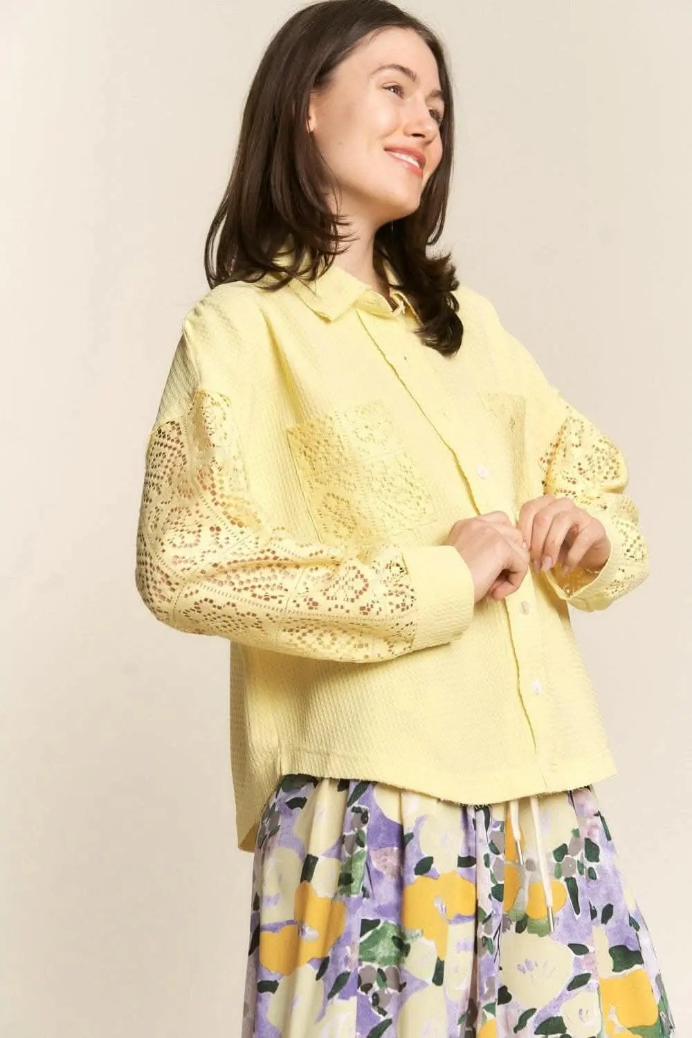 Trendsi Lace Waffle Shirt Women's Casual Button Down Long Sleeve Top - Soft