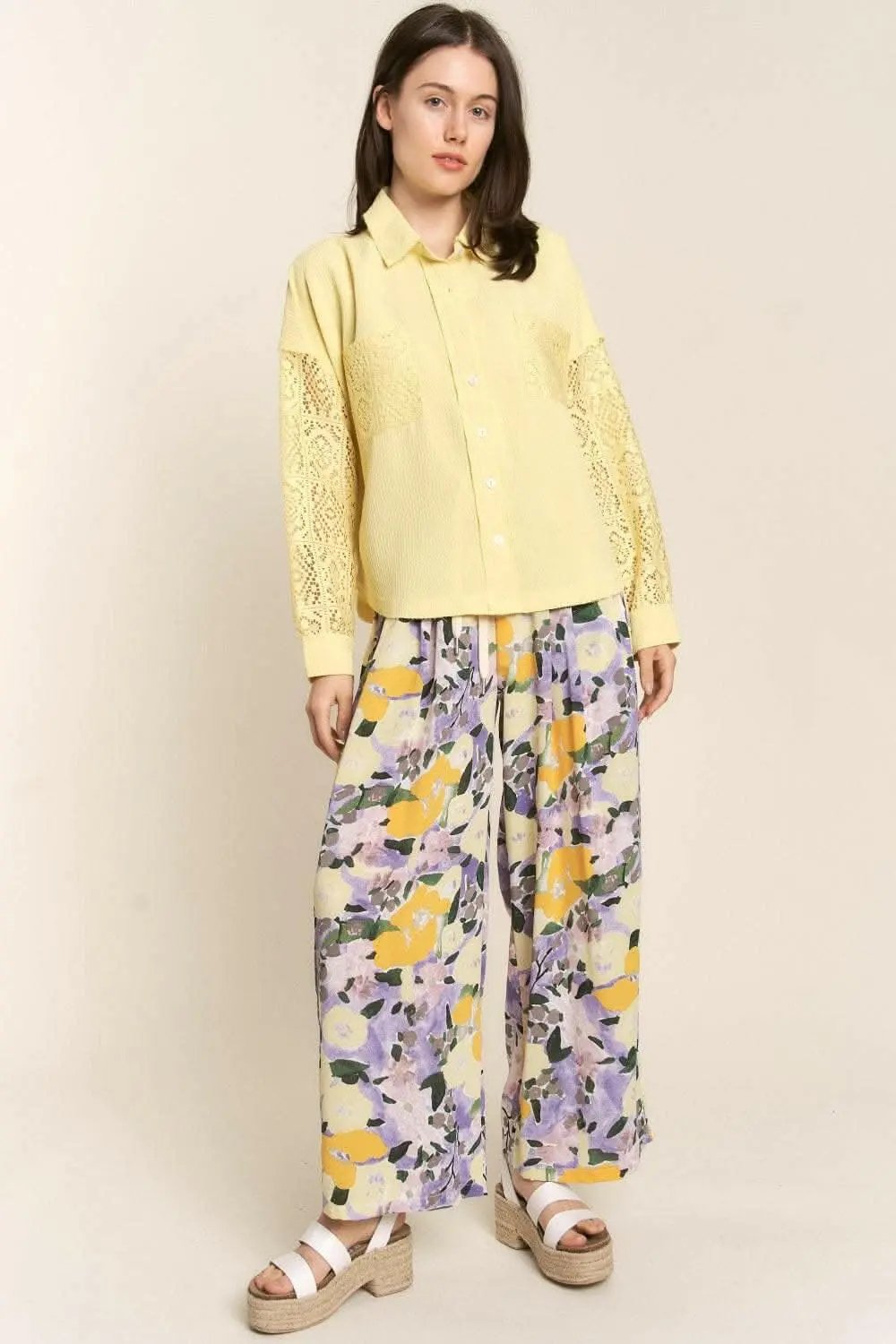 Trendsi Lace Waffle Shirt Women's Casual Button Down Long Sleeve Top - Soft