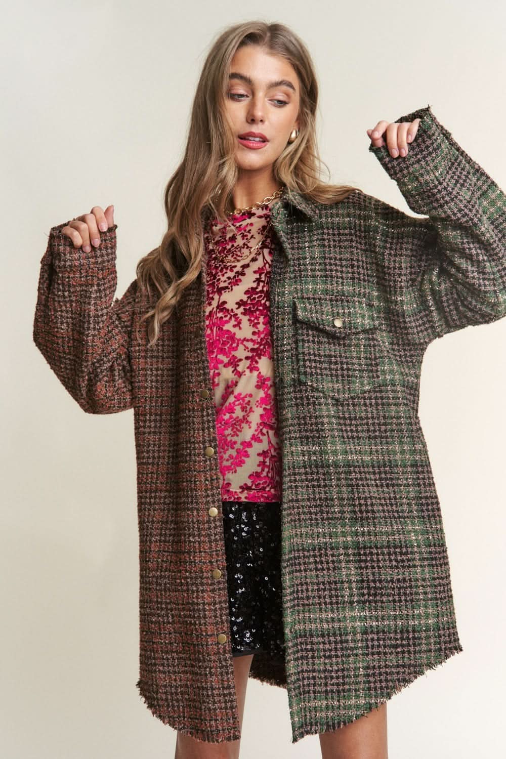 Trendsi Tweed Plaid Shacket Women's Everyday Layering Longline Jacket - Soft, USA Ship