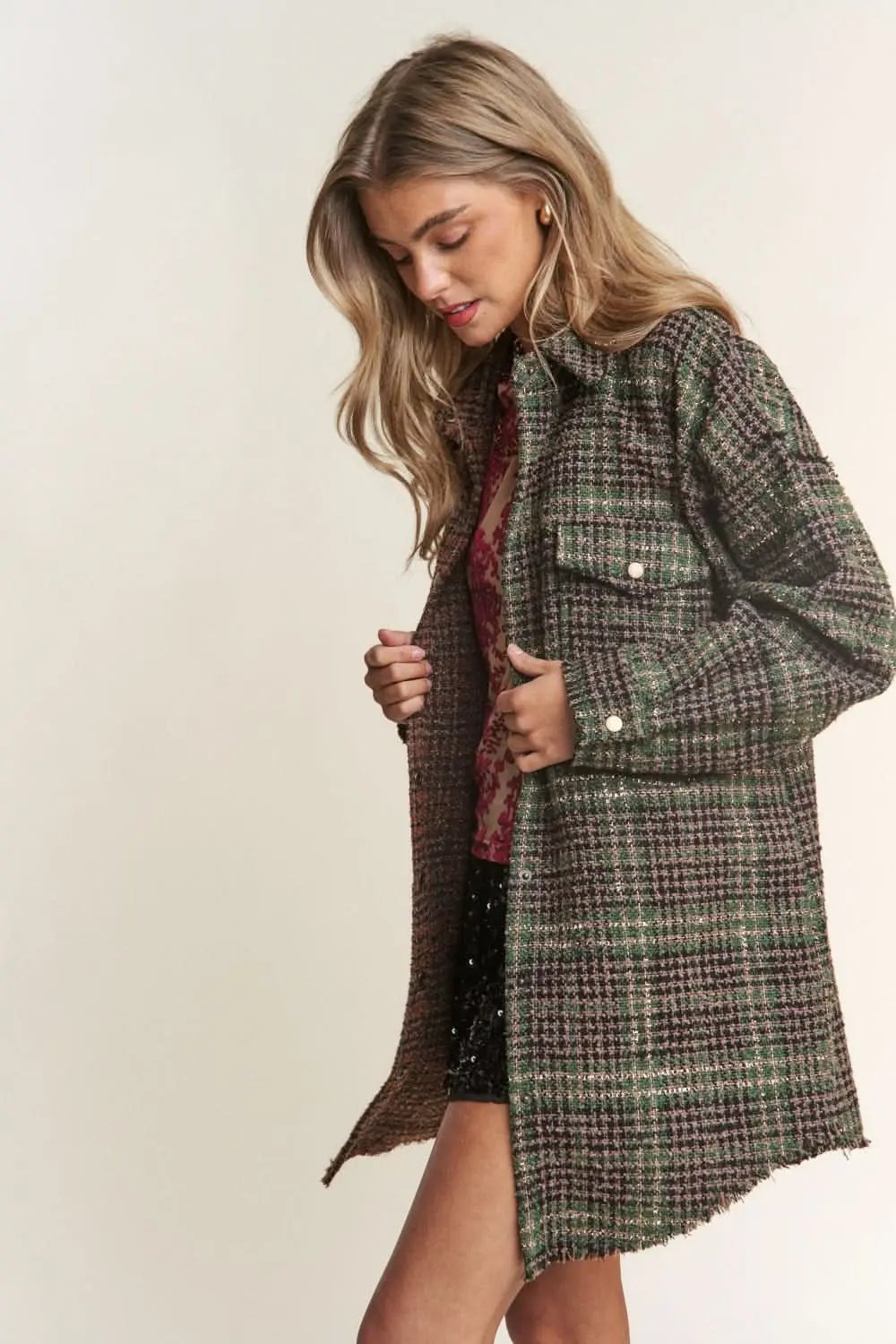 Trendsi Tweed Plaid Shacket Women's Everyday Layering Longline Jacket - Soft, USA Ship