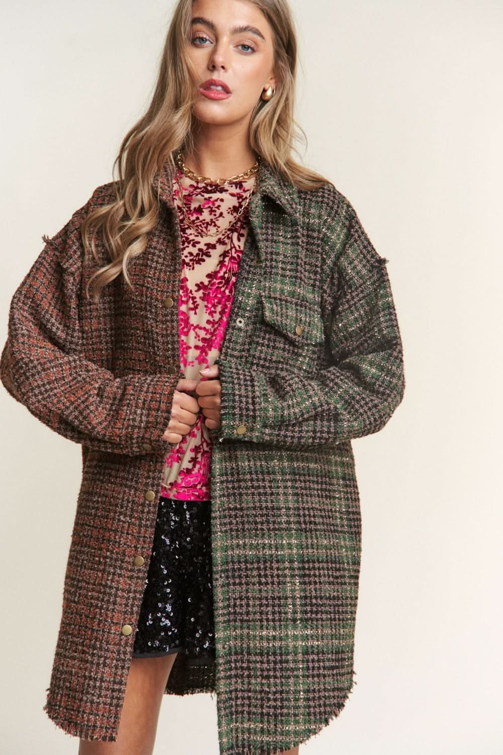 Trendsi Tweed Plaid Shacket Women's Everyday Layering Longline Jacket - Soft, USA Ship
