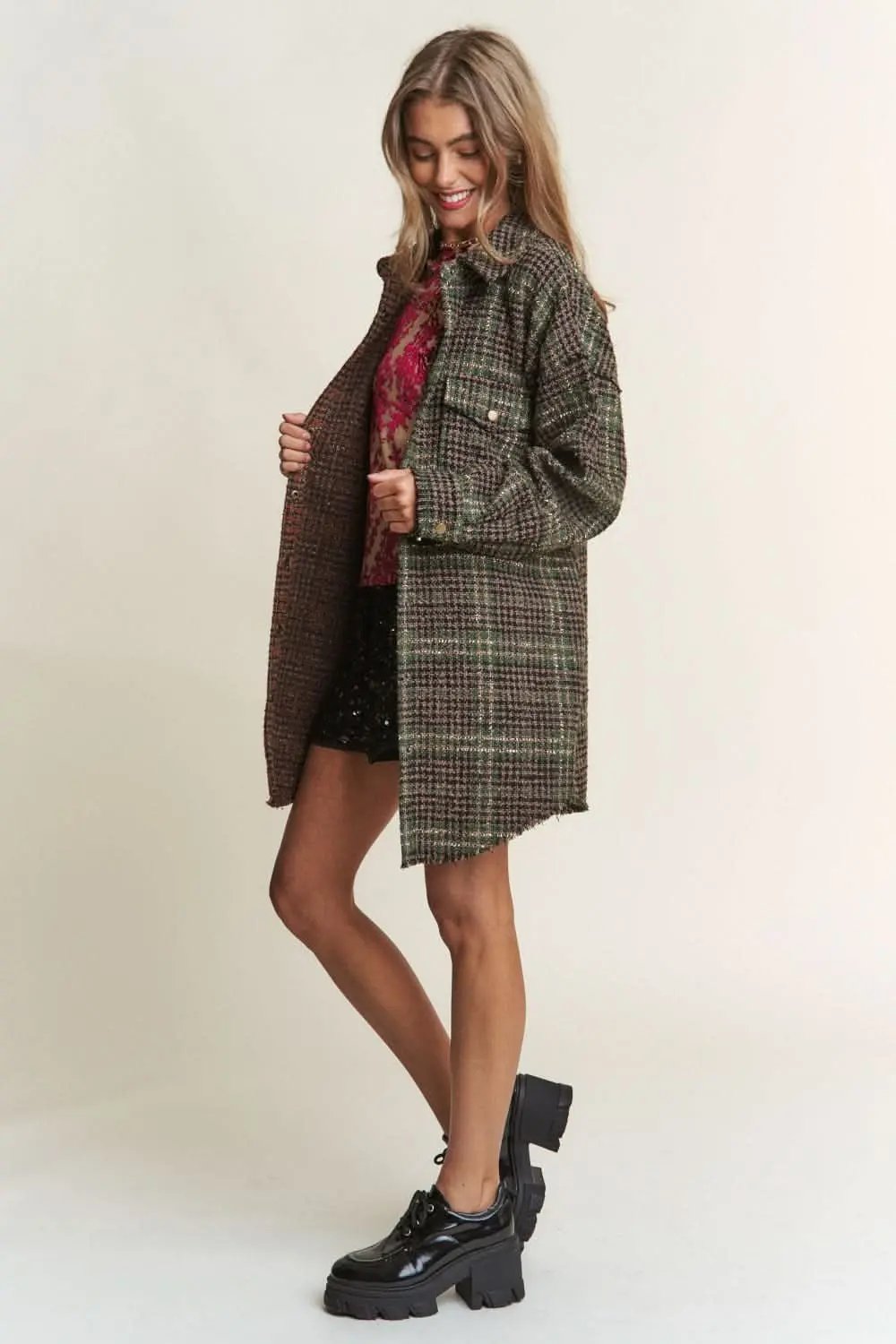 Trendsi Tweed Plaid Shacket Women's Everyday Layering Longline Jacket - Soft, USA Ship