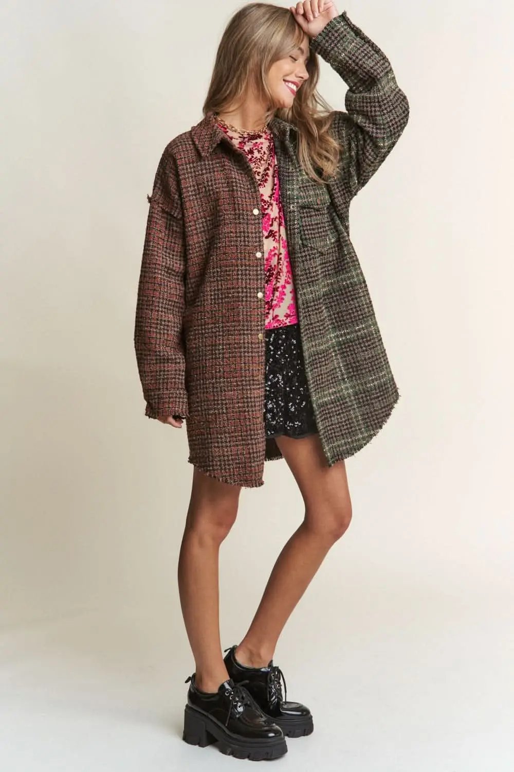 Trendsi Tweed Plaid Shacket Women's Everyday Layering Longline Jacket - Soft, USA Ship
