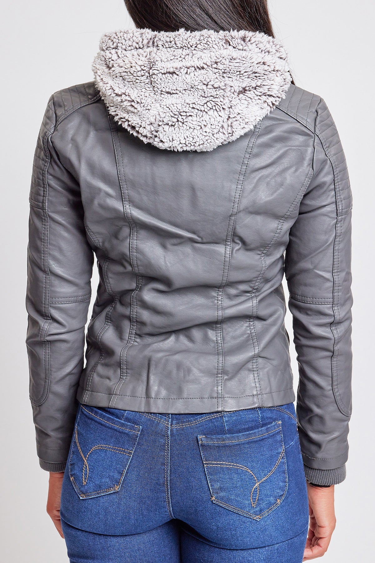 Women's Winter Faux Leather Jacket with Sherpa Fur Hoodie