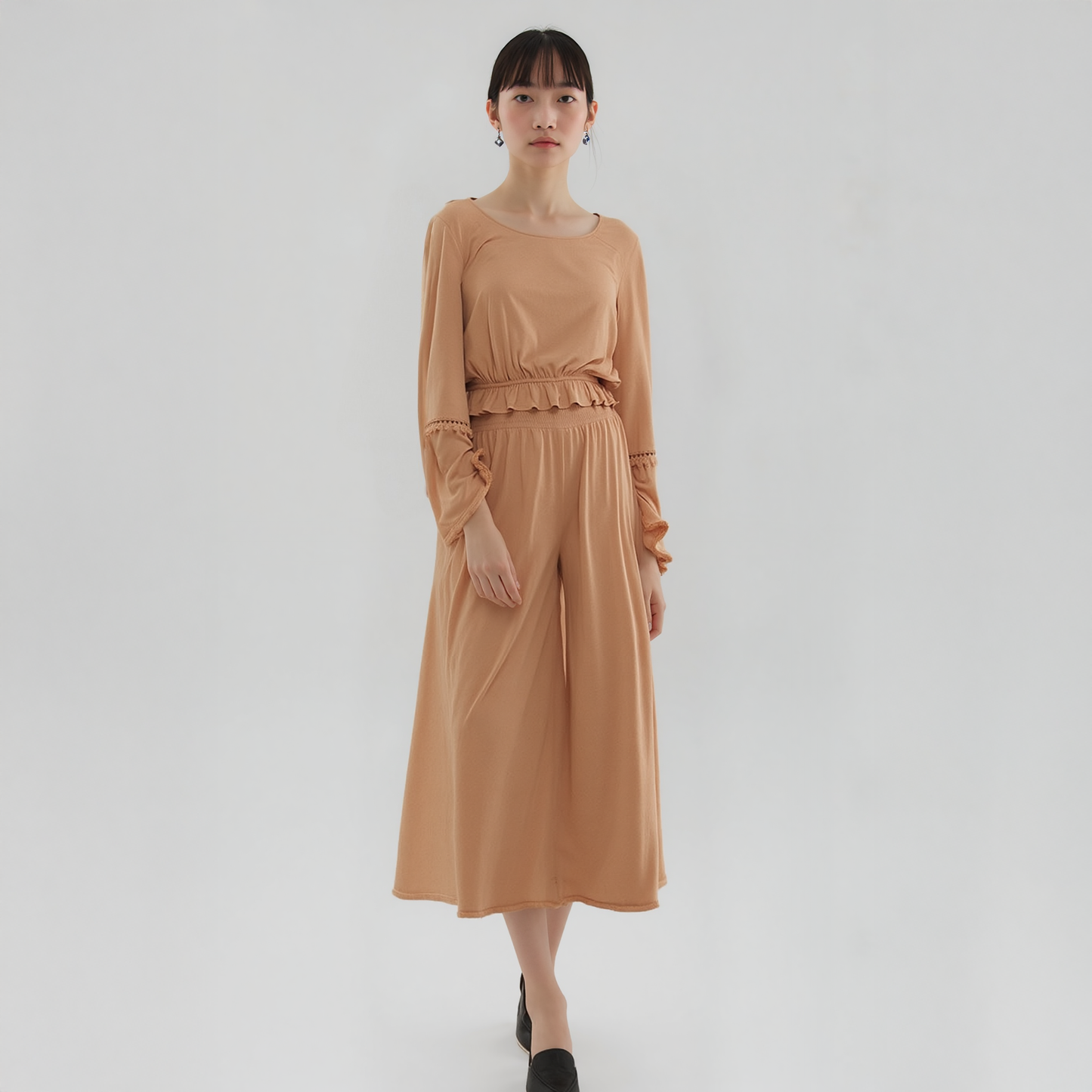 Women's Smocked Waist Wide Leg Palazzo Pants in Apricot