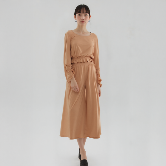Women's Smocked Waist Wide Leg Palazzo Pants in Apricot