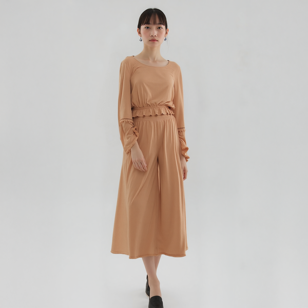 Women's Smocked Waist Wide Leg Palazzo Pants in Apricot