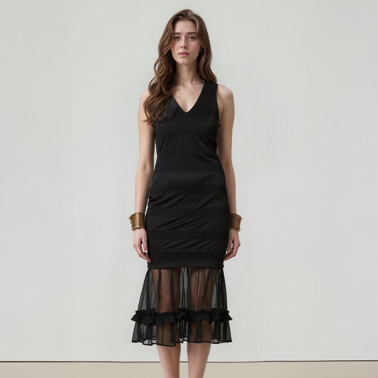Women's Sleeveless V-neck Sheer Ruffle Hem Bodycon Dress In Black