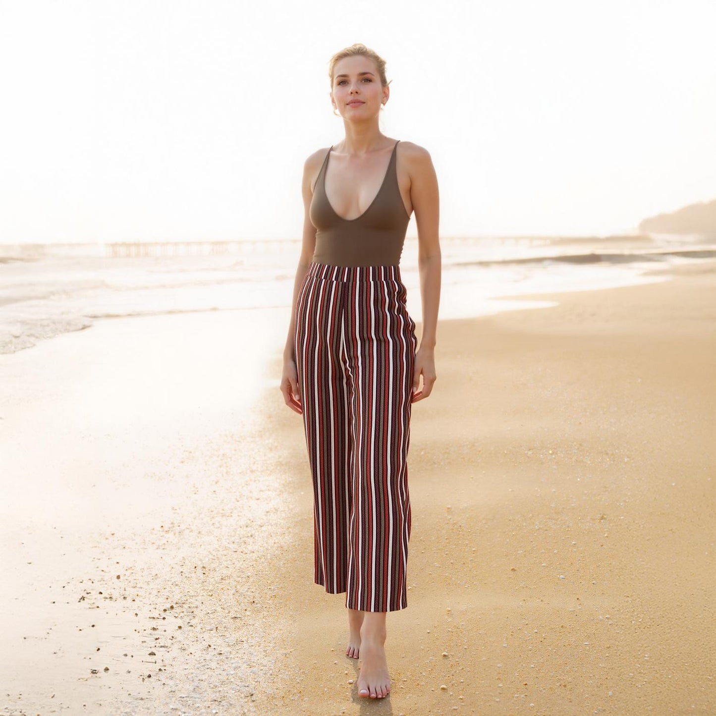 Pleione Women's Multi Stripe Printed Wide Leg Pants