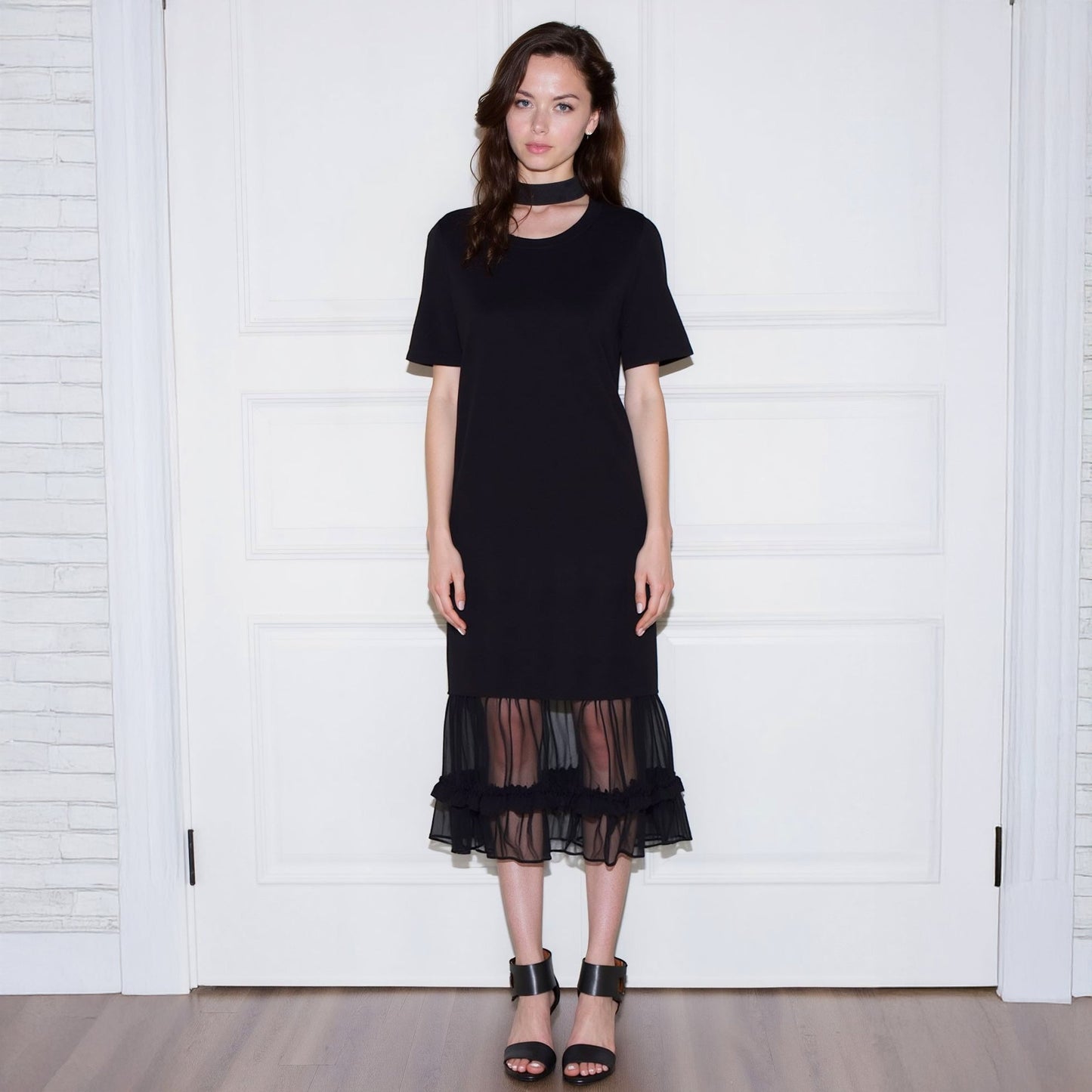 Women's Sheer Contrast Ruffle Hem Midi Dress In Black