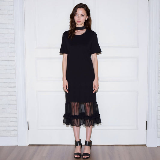 Women's Sheer Contrast Ruffle Hem Midi Dress In Black