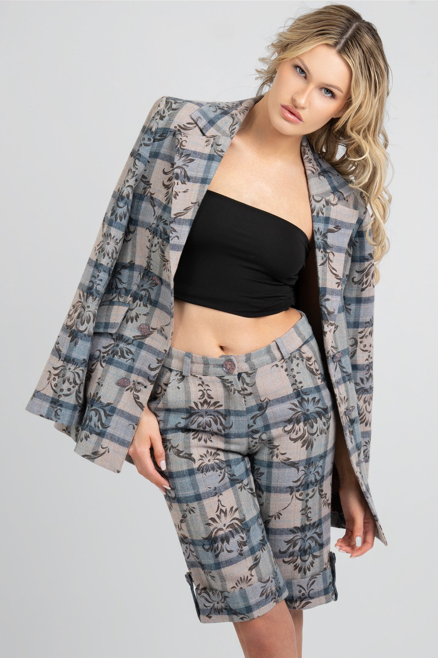 Kara Plaid Floral Wool Shorts