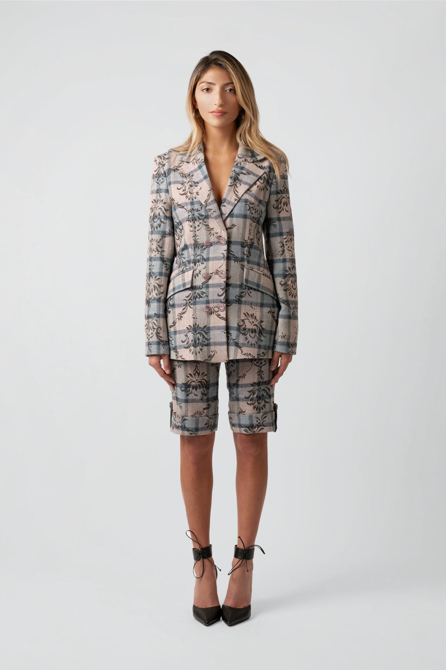 Kara Plaid Floral Wool Blazer