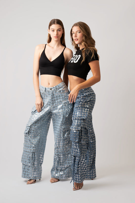 Kelly Sequin Cargo Denim Pants