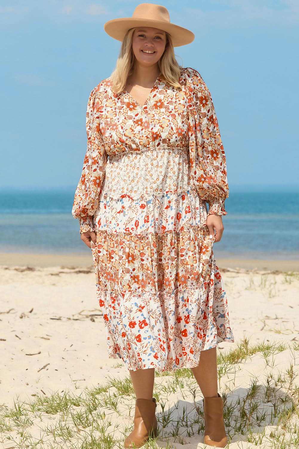 Love Salve Khaki Floral Maxi Dress Women's Fall Southern Belle Style + Comfy Fit