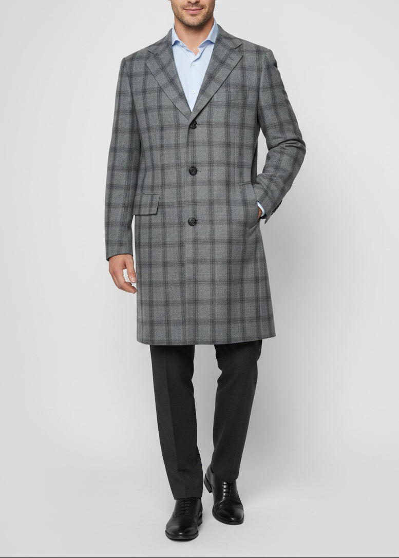 Kiton Windowpane Wool Button Down Overcoat