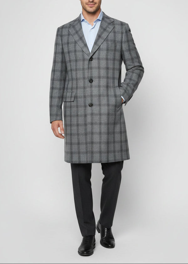 Kiton Windowpane Wool Button Down Overcoat