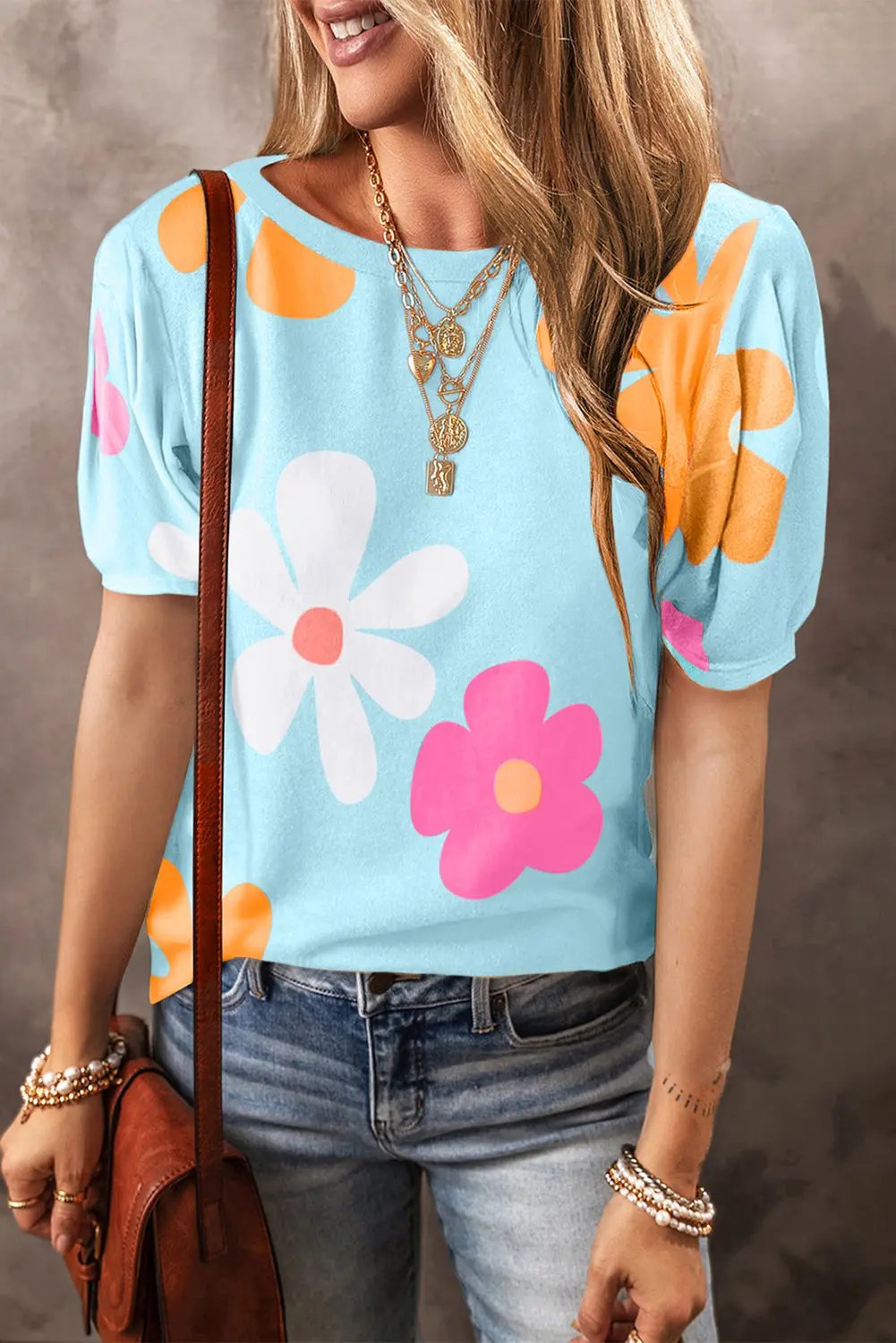 Women's Top - Floral Print Bubble Sleeve - Summer Daily Tee