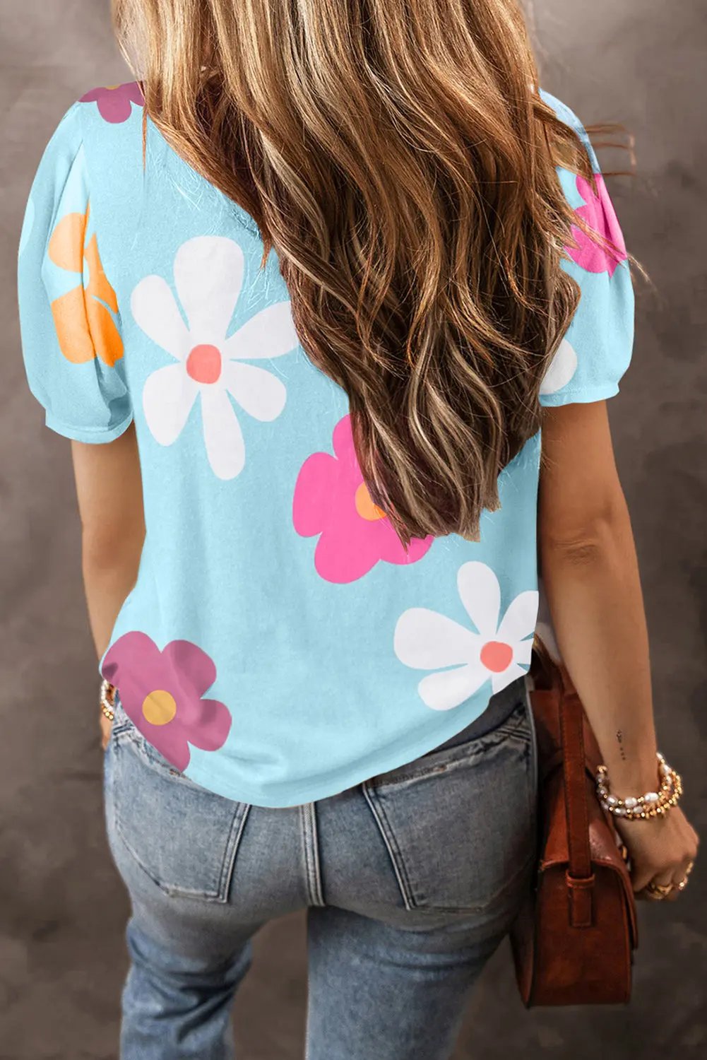 Women's Top - Floral Print Bubble Sleeve - Summer Daily Tee