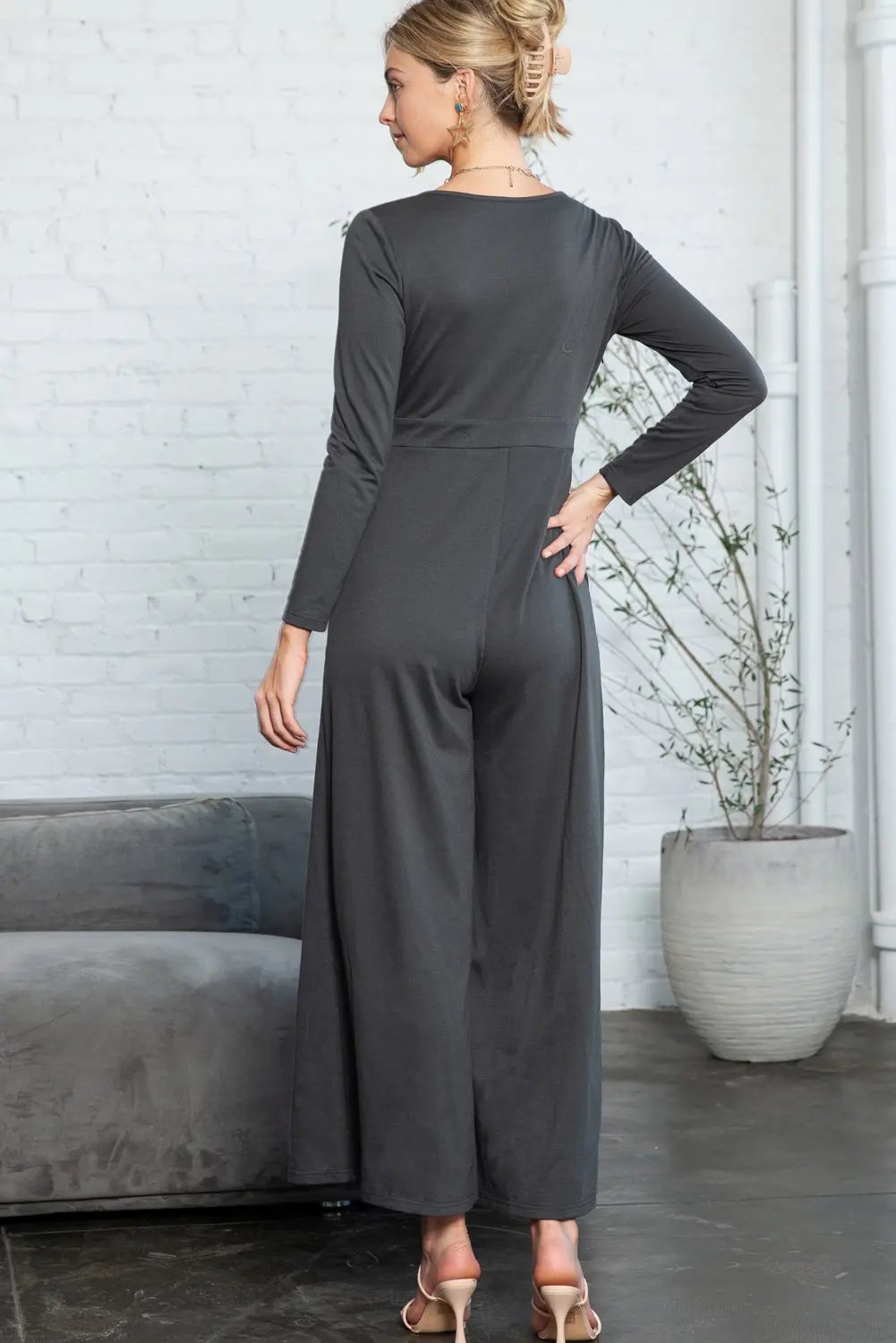 Women's Jumpsuit - Button-Front Long Sleeve - Wide Leg