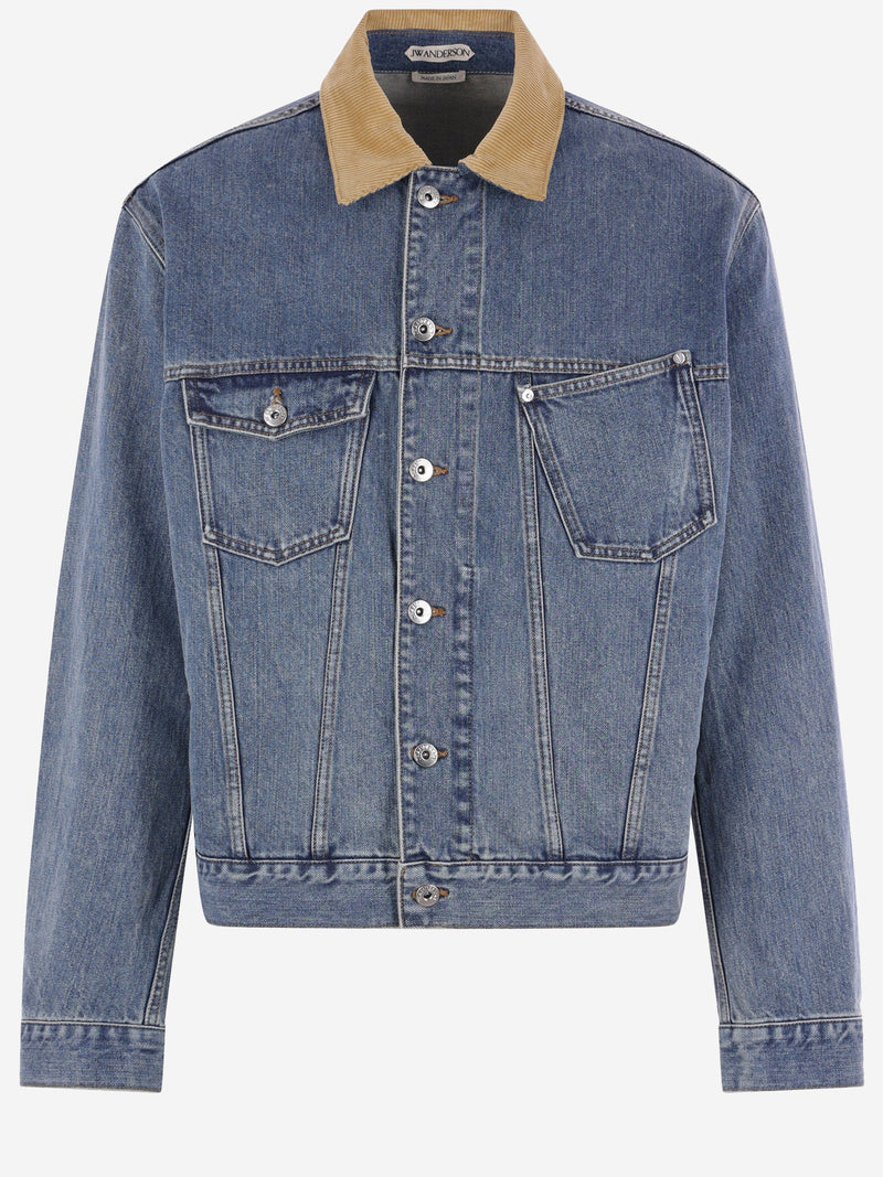 Cotton Denim Jacket With Corduroy Collar