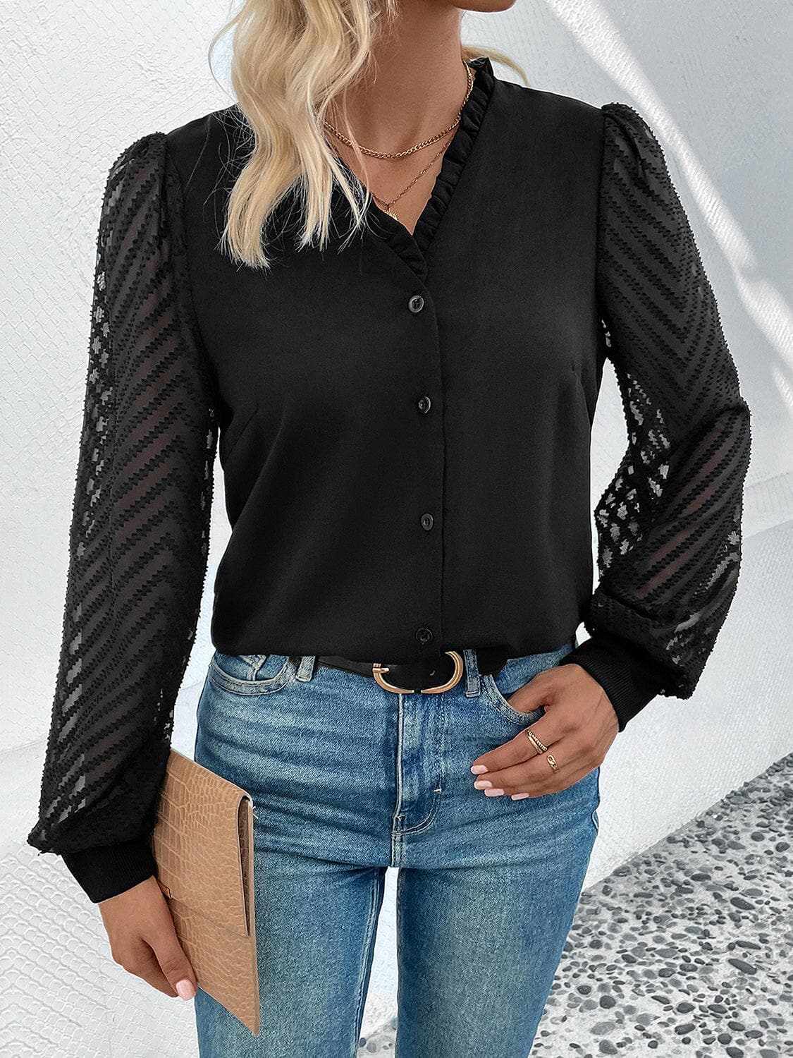 Blouse - Lace-Trim Sheer - V-Neck Style