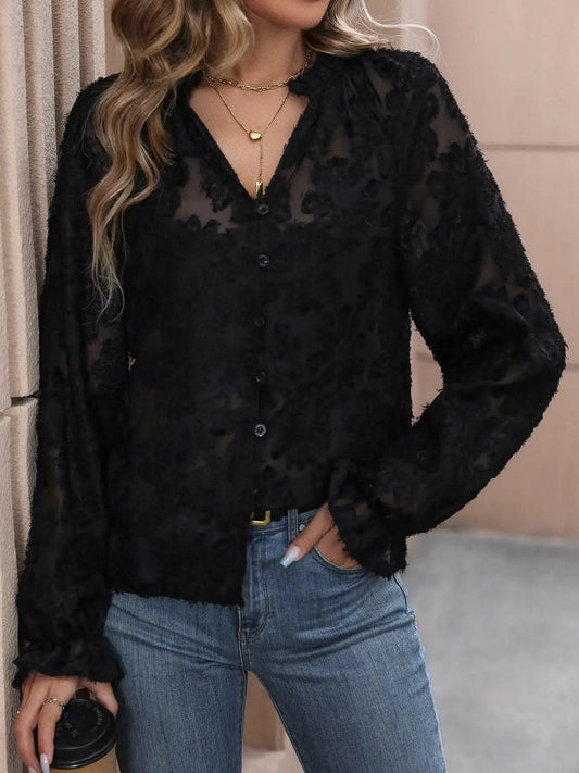 Trendsi Lace button-up long sleeve blouse