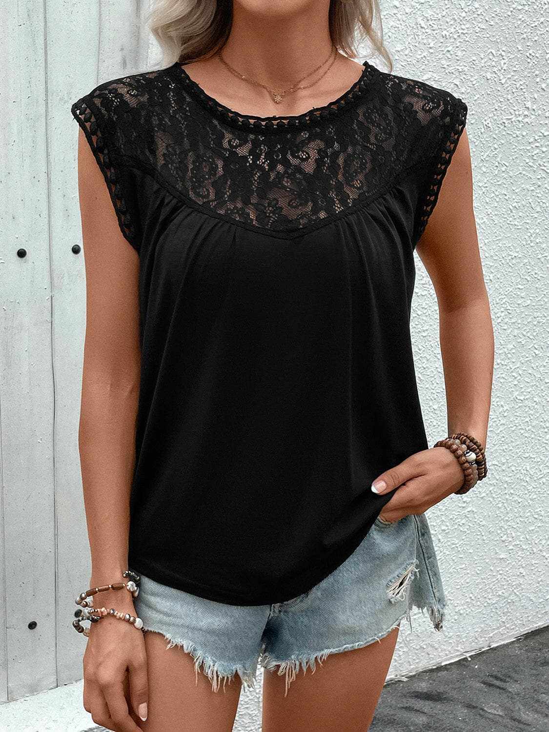 Trendsi Lace cap sleeve tee - elegant style