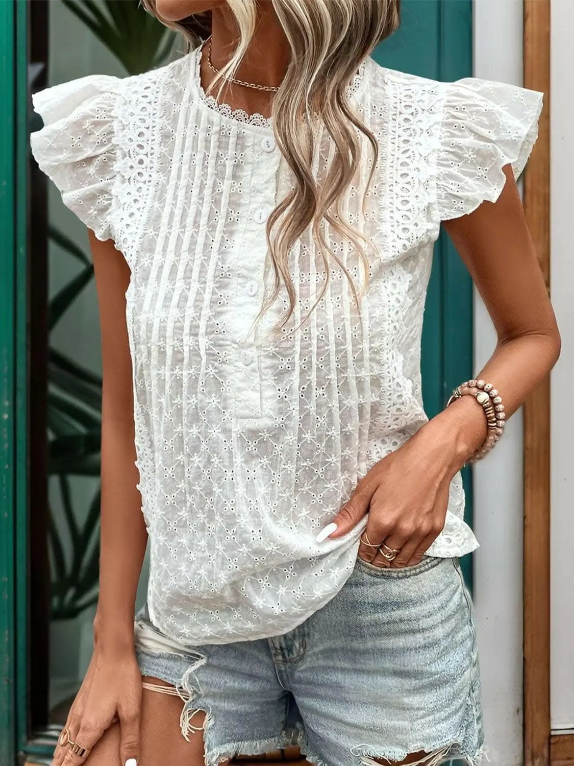 Trendsi just arrived - Lace ruffle cap sleeve blouse