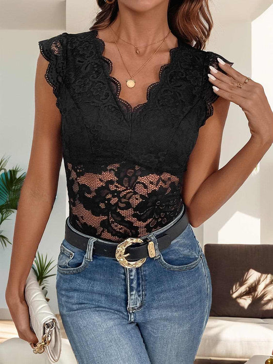 Trendsi Lace v-neck bodysuit with sheer details