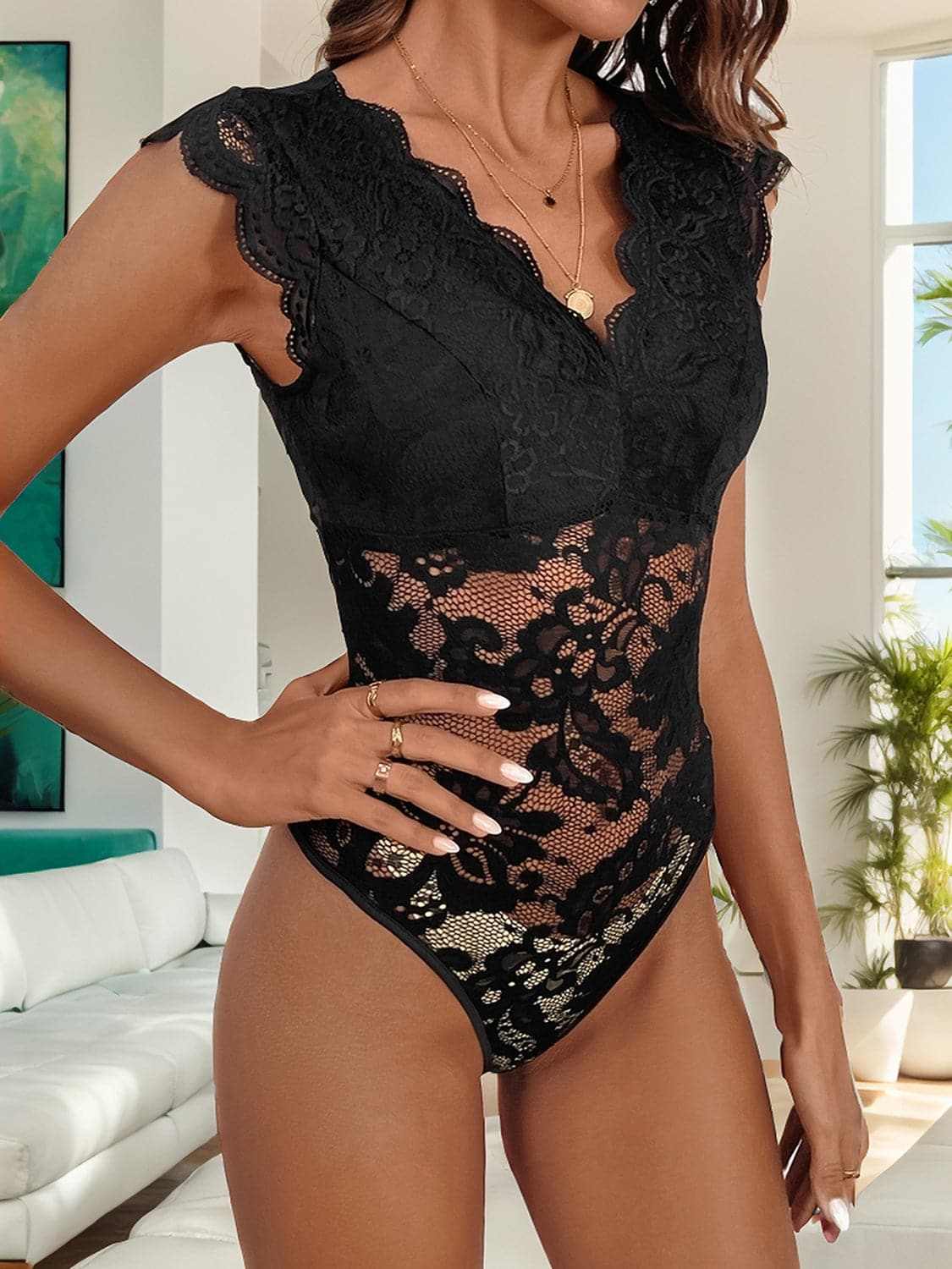 Trendsi Lace v-neck bodysuit with sheer details