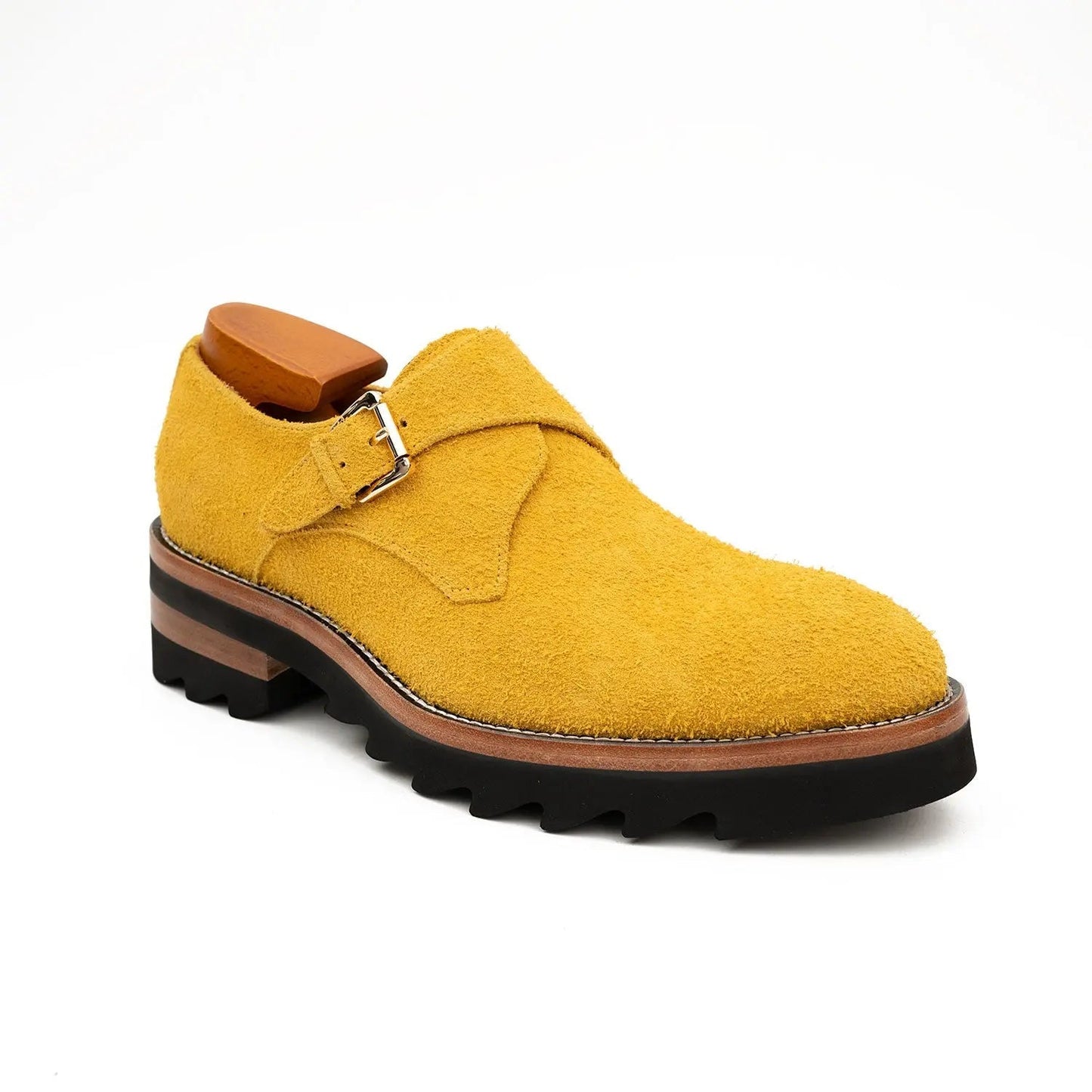 Lemon Yellow Cow Suede Monk Strap Shoes