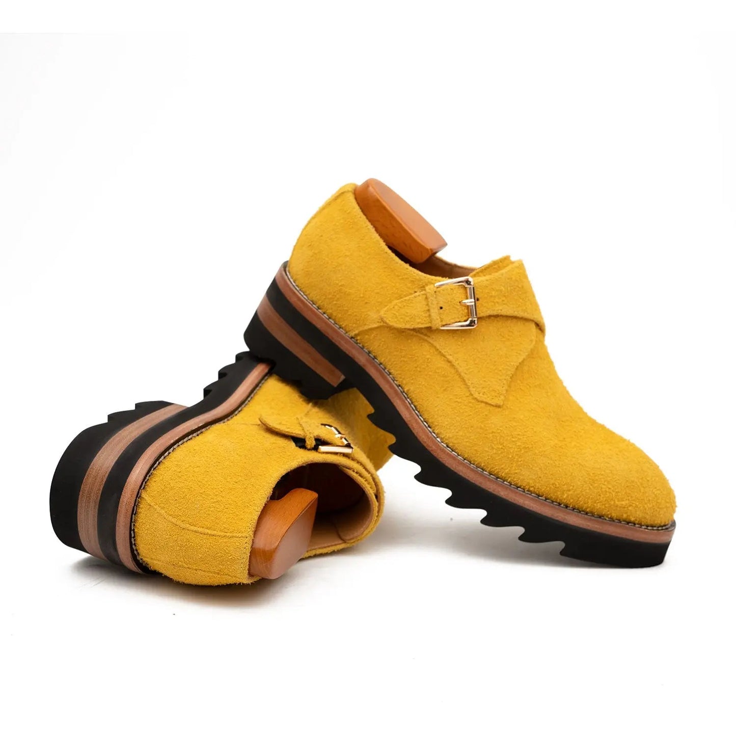 Lemon Yellow Cow Suede Monk Strap Shoes
