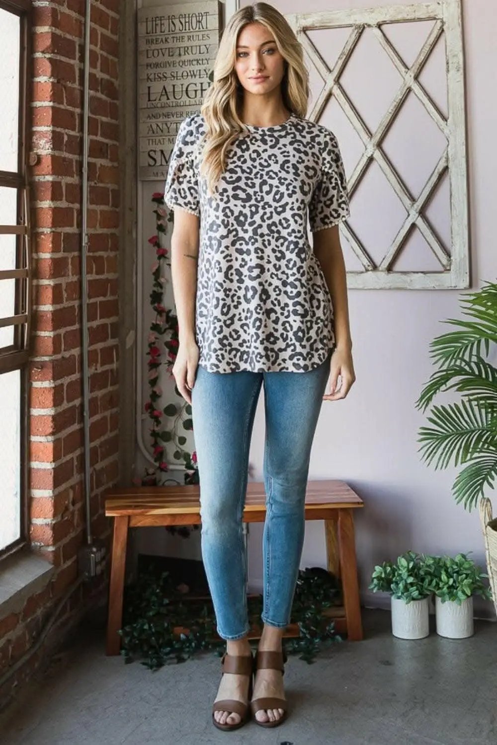 Leopard Print Tee - Petal Sleeve - Casual Round Neck Top