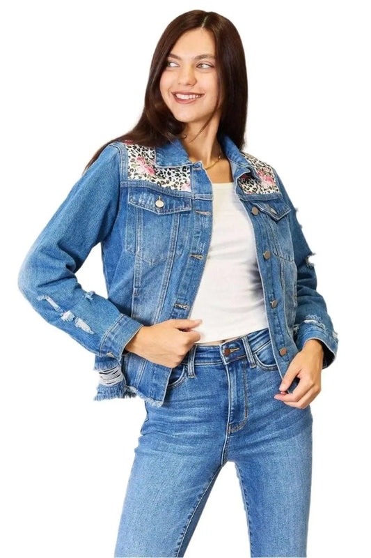Denim Jacket - Leopard Floral Distressed Style