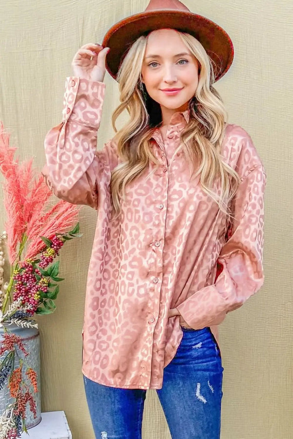 Women's Satin Top - Leopard Print Curved Hem - Fashion