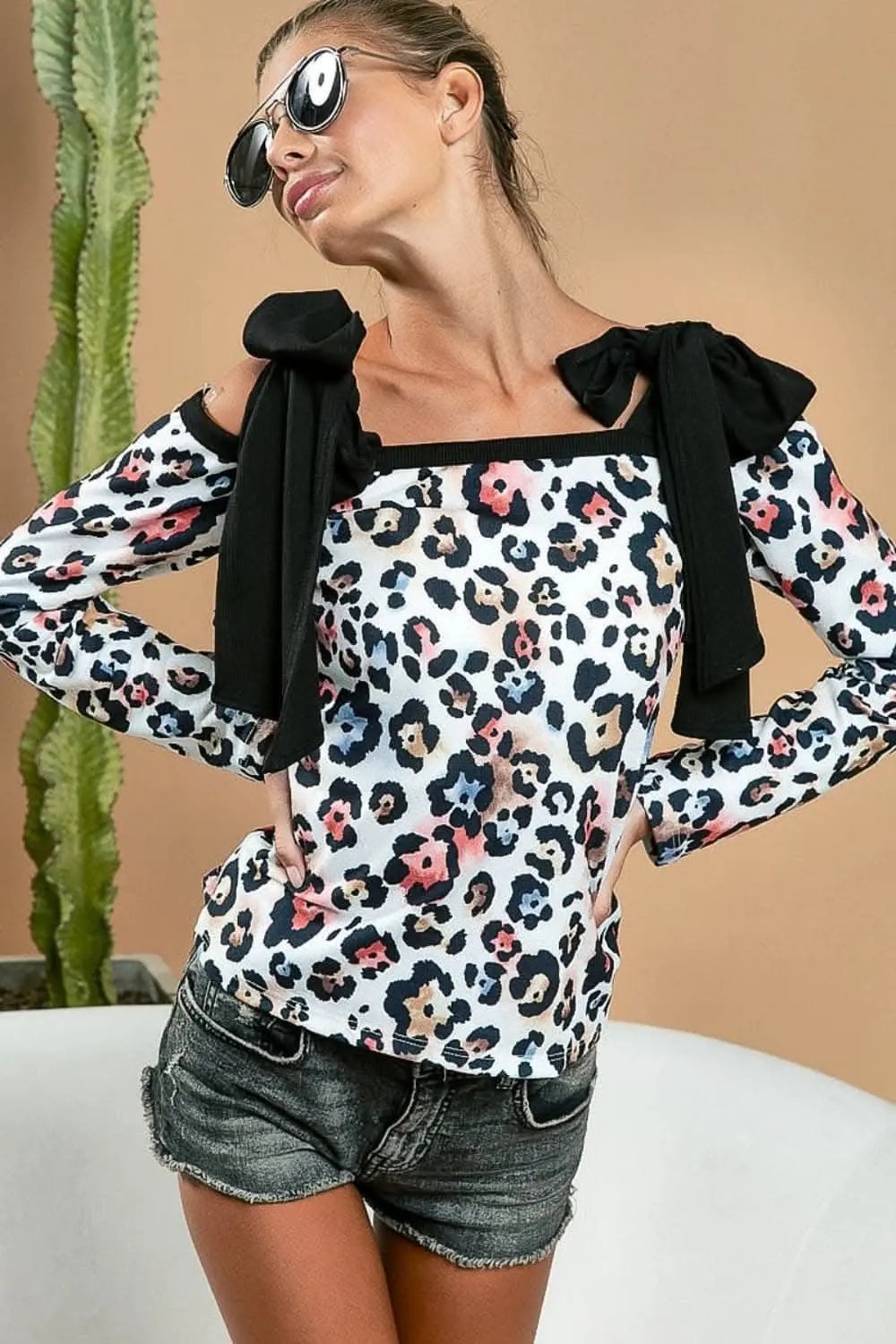 Trendsi Leopard Print Top Women's Casual Long Sleeve Shoulder Tie Shirt