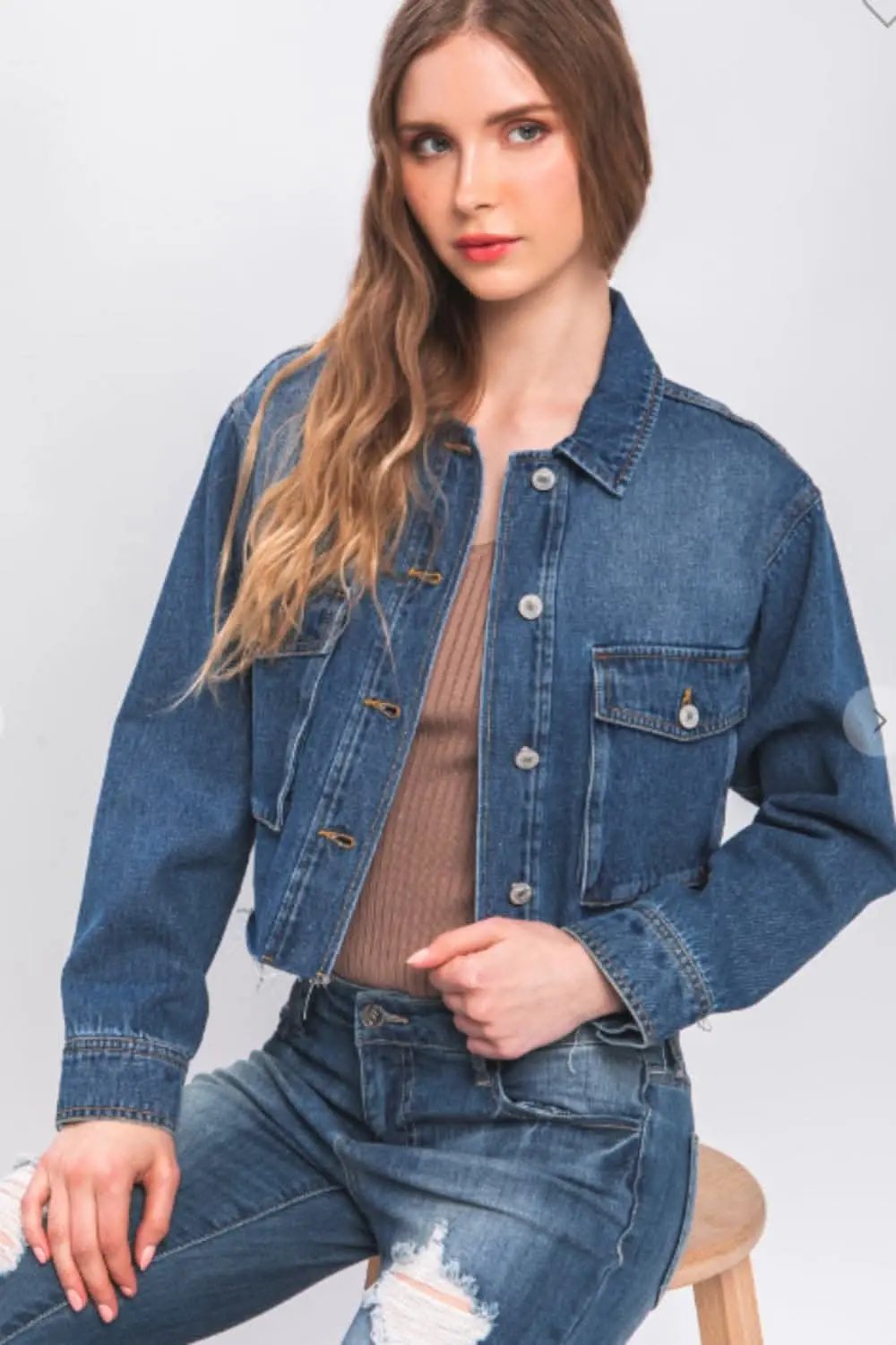 Trendsi Love Tree Denim Jacket Women's Cropped Raw Hem Button Up Outerwear - Trendy Style